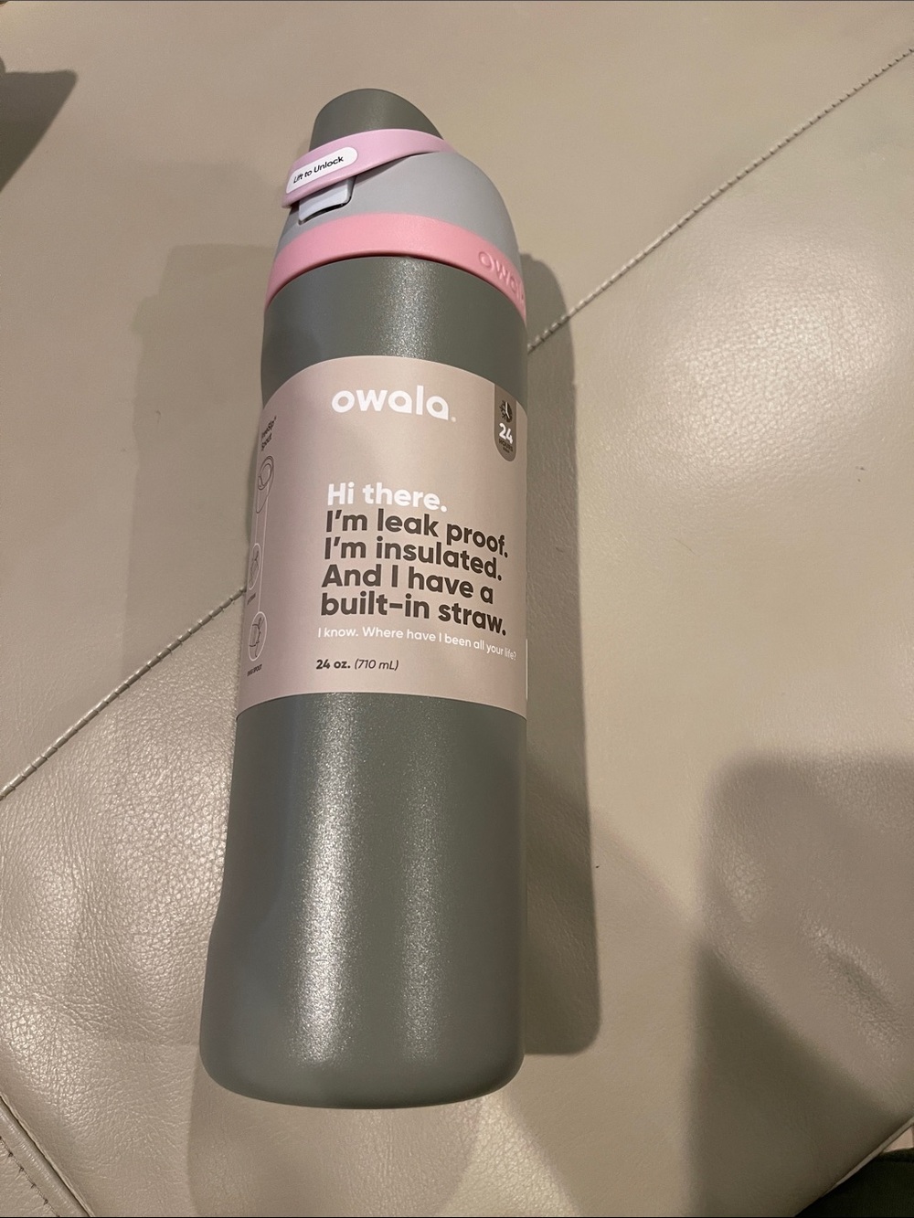 Owala 24 oz Insulated Water Bottle with Built-In Straw - Gray with Pink Accent